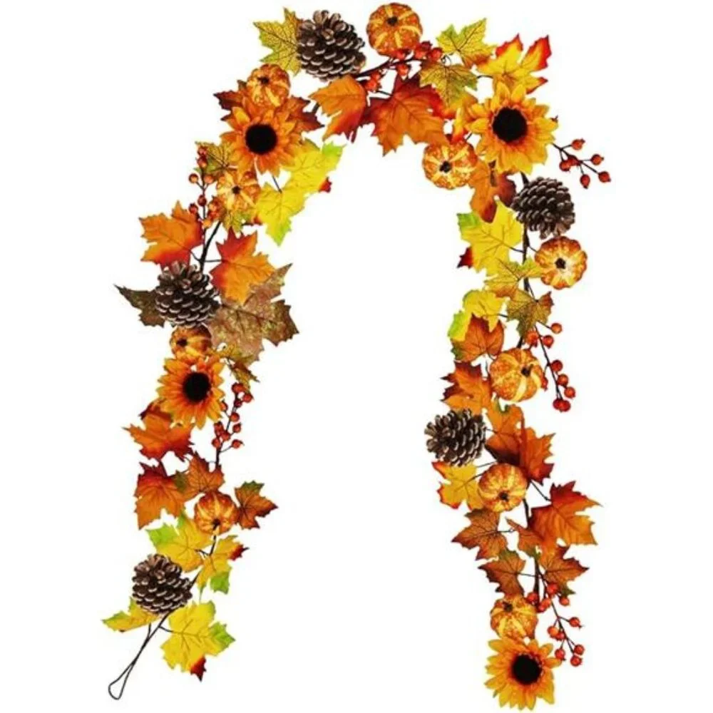 Fake Fall Maple Leaf Garland Hanging Vine- 6 Feet - Artificial Berries Sunflower